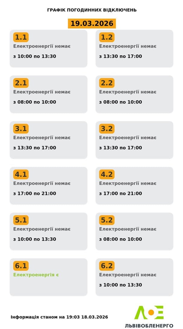 Графік відключення світла на Львівщині 19 березня