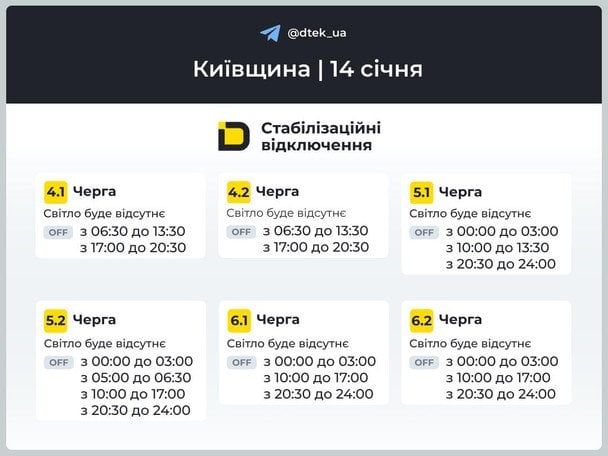 Графік відключення світла на Київщині 14 січня / © ДТЕК