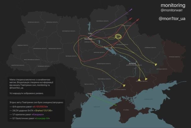 Маршрут ракет та БПЛА під час нічної атаки 12 червня.