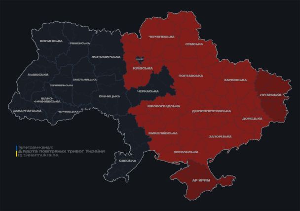 Актуальна мапа тривог станом на 15:35 понеділка, 18 березня.