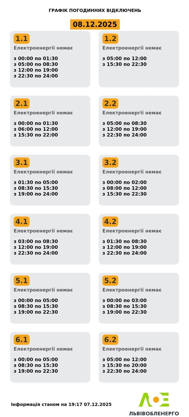 рафік відключення світла у Львівській області 8 грудня