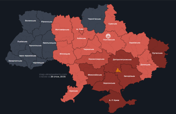 Мапа тривог на 28 січня