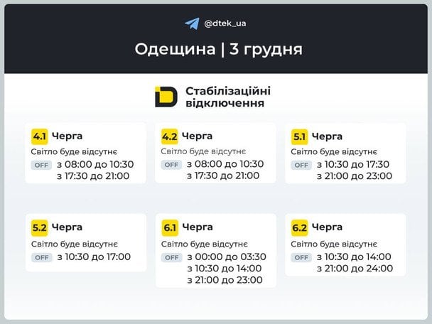 Графік відключення світла на Одещині 3 грудня / © ДТЕК