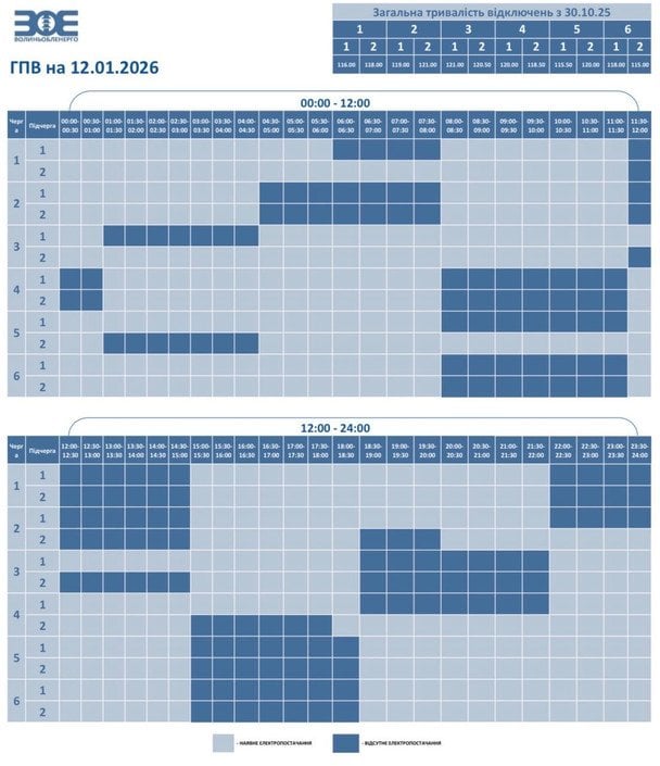 Отключение света 12 января на Волыни.