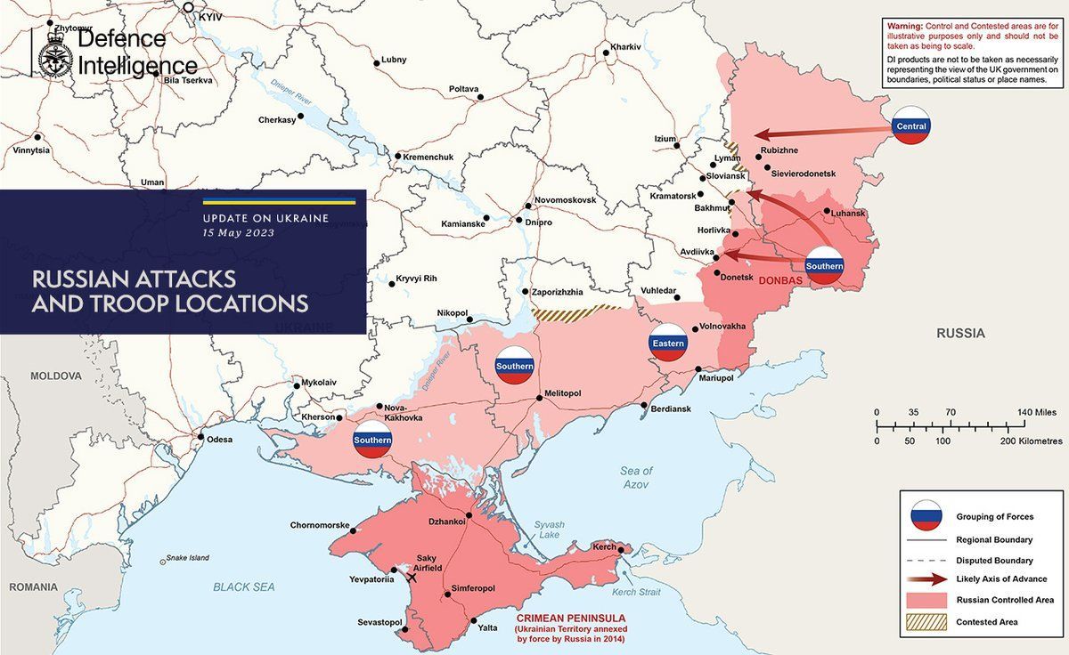 Мапа бойових дій в Україні 15 травня / Фото: Міноборони Британії / ©