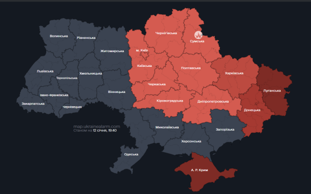 Мапа тривог станом на вечір 12 січня