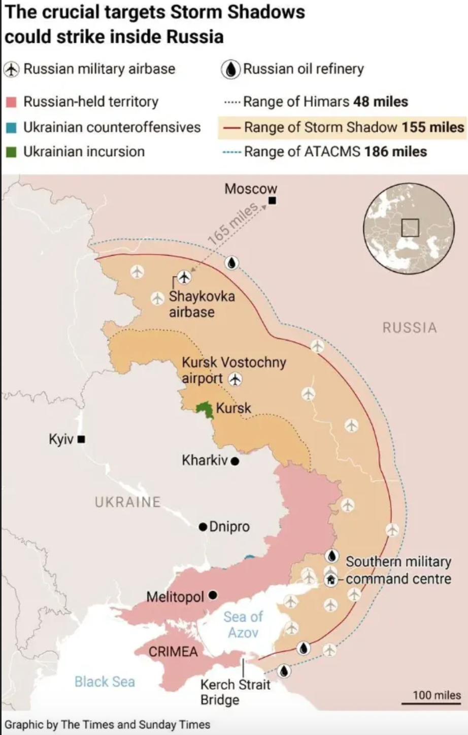 Радіус дії ракет Storm Shadow / Мапа The Times / © 