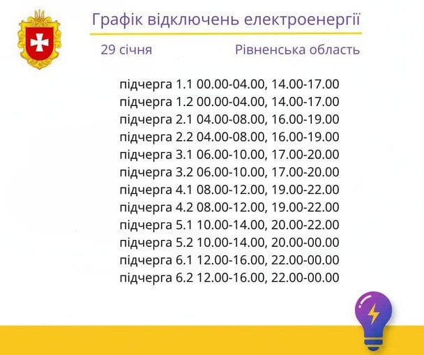 Графік відключення світла на Рівненщині 29 січня