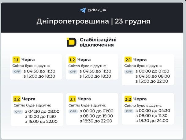 График отключения света в Днепропетровской области.