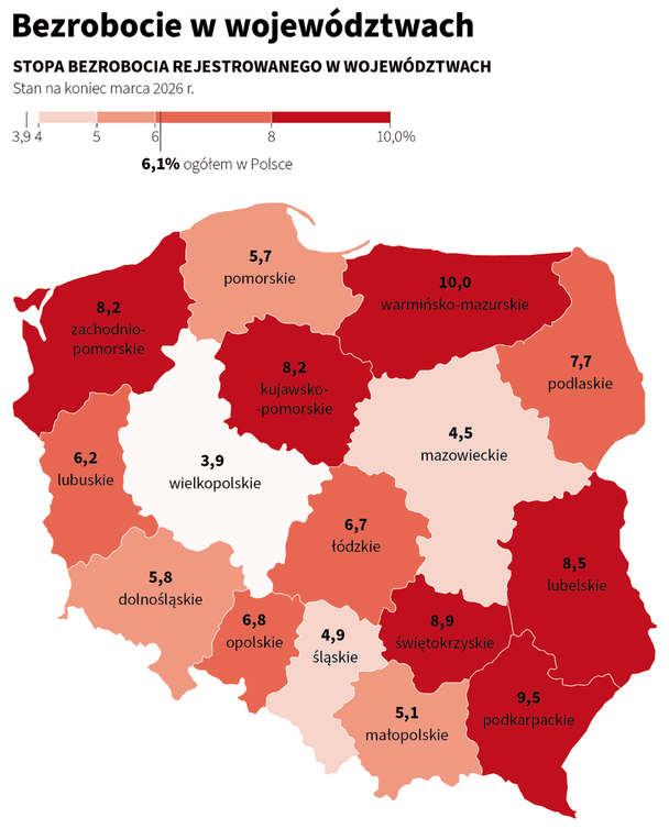 Безробіття за воєводствами.  / © Rzeczpospolita