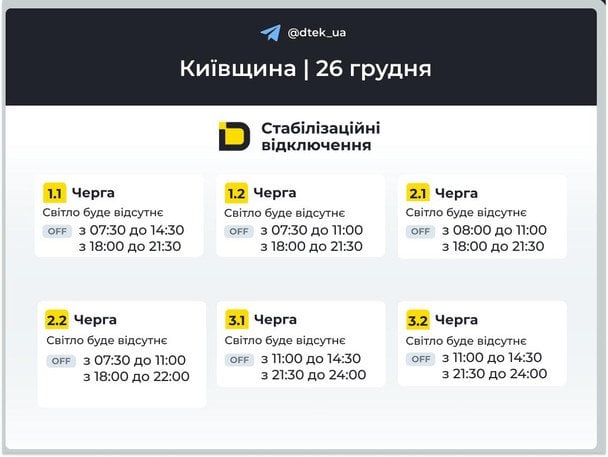 Оновлений графік відключення світла у Київській області / © ДТЕК