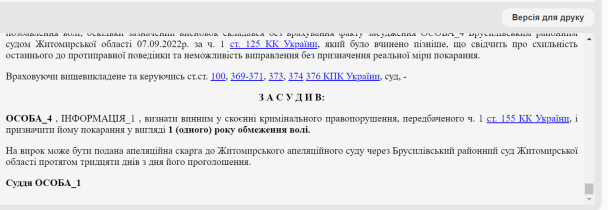 Вирок суду / © Єдиний державний реєстр судових рішень