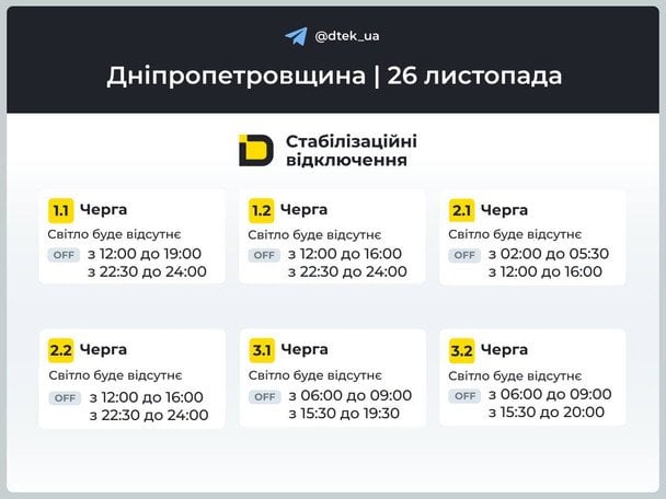 Днепропетровщина: обновленные графики отключений на 26 ноября / © ДТЕК