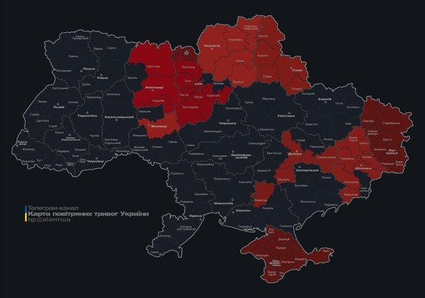 Мапа тривог станом на 12:25 суботи, 27 грудня. 