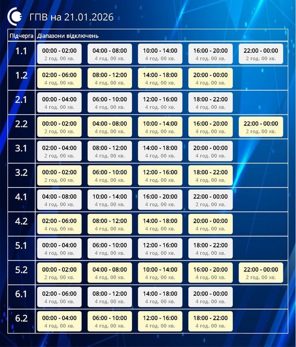 Графік відключення світла на Сумщині 21 січня