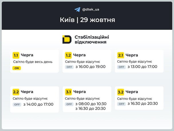 График отключения в Киеве на 29 октября / © ДТЕК