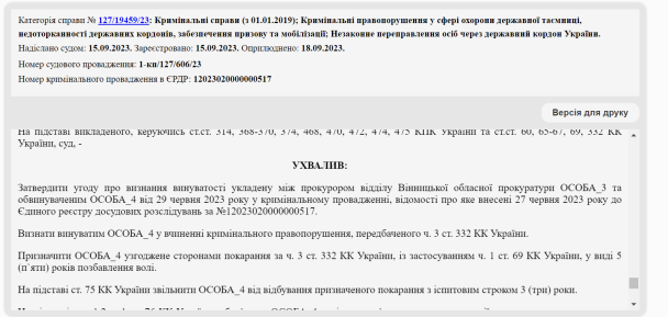Вирок суду у Вінниці / © Єдиний державний реєстр судових рішень
