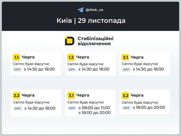 График отключения света в столице 29 ноября / © ДТЕК