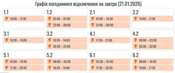 Графік відключення світла на Прикарпатті 21 січня