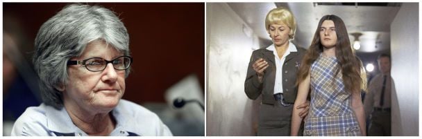 Справа – Патрисию Кренвинкел ведут в высший суд в Лос-Анджелесе 24 февраля 1970 года; слева — слушание об условно-досрочном увольнении в Калифорнийском институте для женщин в Короне, штат Калифорния, 20 января 2011 года/AP