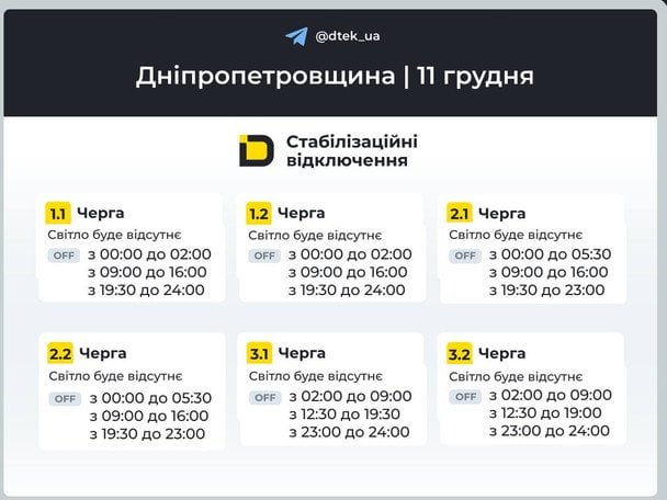 Графік відключення світла на Дніпропетровщині 11 грудня / © ДТЕК