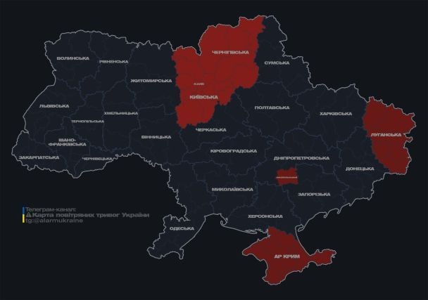 Актуальна карта повітряних тривог станом на 13:02 четверга, 21 березня.