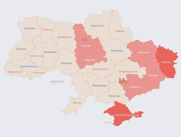 Мапа тривог станом на 12:22 середи, 20 березня.
