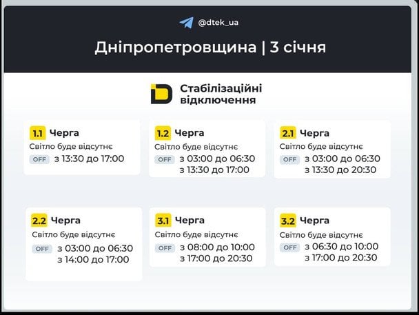 Графік відключення світла на Дніпропетровщині 3 січня / © ДТЕК