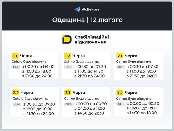 Графік відключення світла на Одещині 12 лютого / © ДТЕК