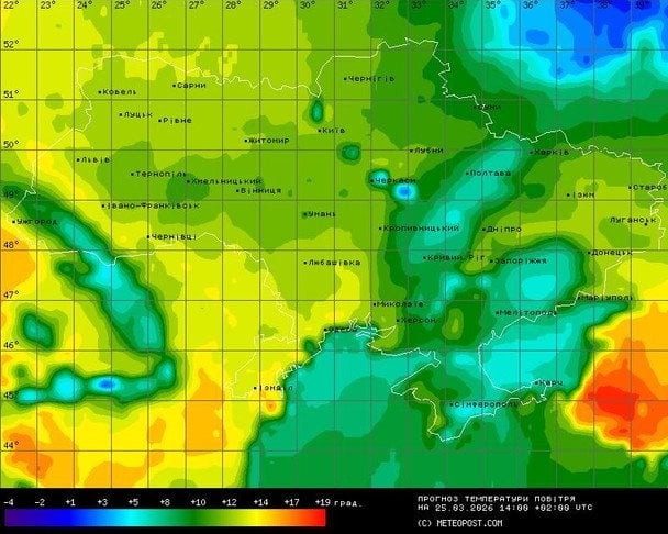 Смуга холоду витягнеться від Полтавщини, Харківщини через Кропивницький аж до Криму, вздовж неї +7+11 градусів / © Наталія Діденко / Facebook