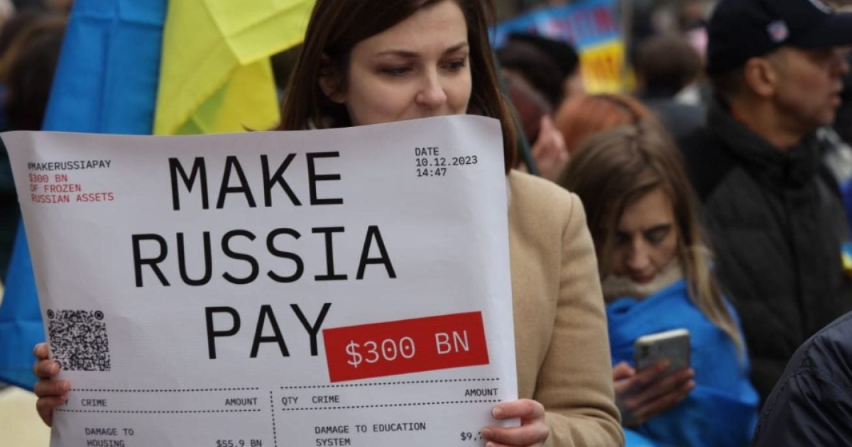 Протест с призывом к конфискации замороженных активов. Фото: Елена Галушка