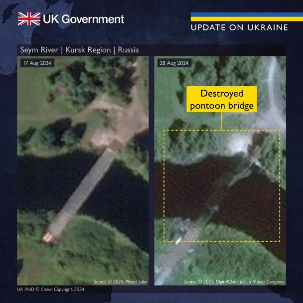 В британской разведке показали фото уничтоженных ВСУ мостов на Курщине / Фото: twitter.com/DefenceHQ