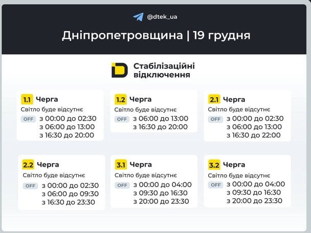 Графік відключення світла на Дніпропетровщині 19 грудня / © ДТЕК