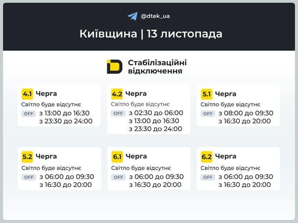 Графік відключення світла на Київщині 13 листопада / © ДТЕК