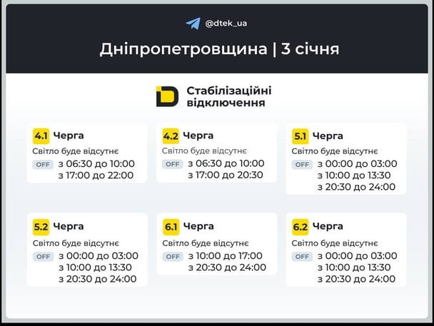 Графік відключення світла на Дніпропетровщині 3 січня / © ДТЕК