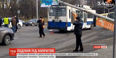 У Львові дві електроопори впали на тролейбус та автомобіль