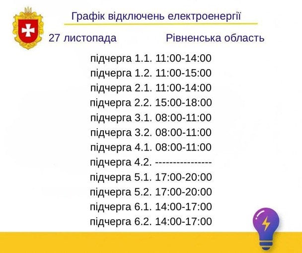 Графік відключення світла на Рівненщині 27 листопада