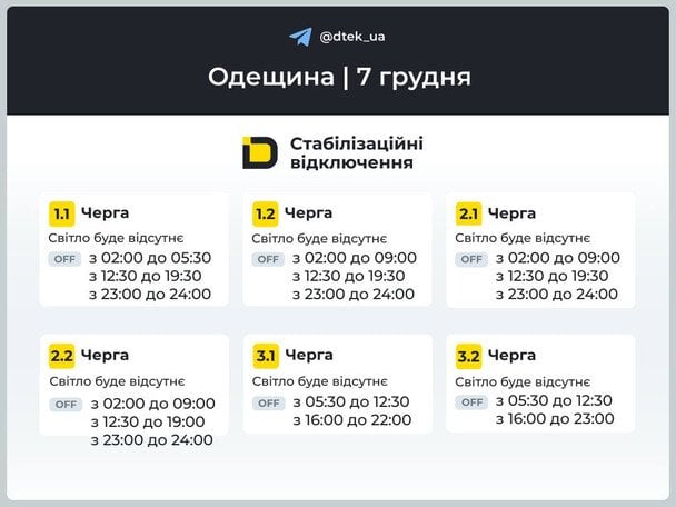 Графік відключення світла на Одещині 7 грудня / © ДТЕК