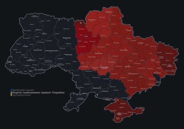 Мапа тривог станом на 13:05 середи, 29 квітня. 