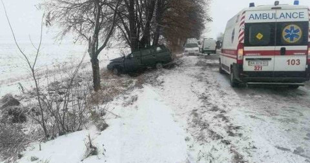 На Киевщине авто слетело с заснеженной дороги и врезалось в дерево