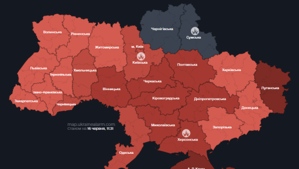 Мапа "тривог" станом на 16 червня.