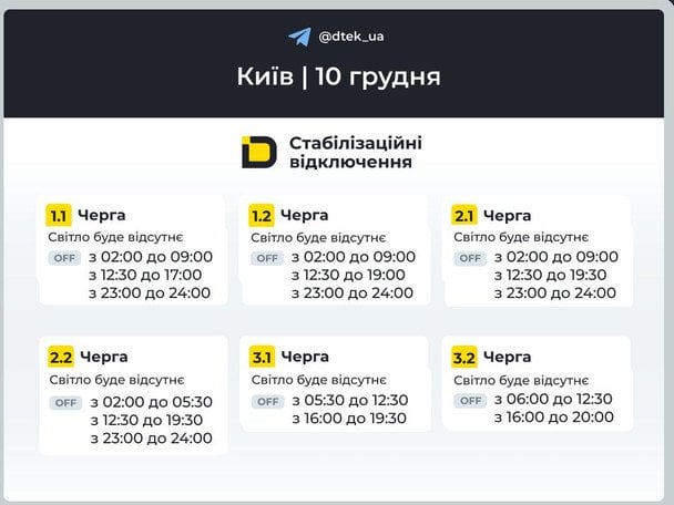 График отключения света в столице 10 декабря / © ДТЕК