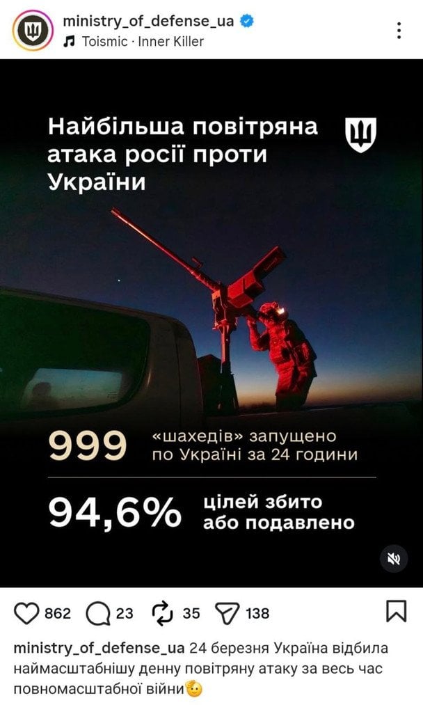Офіційне повідомлення Міністерства оборони України щодо кількості «Шахедів». Скріншот з офіційної сторінки Міноборони у соцмережі.
