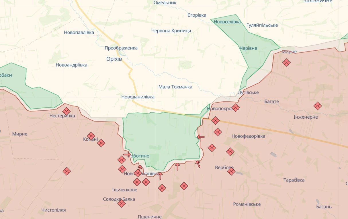 Мапа бойових дій на Запорізькому напрямку. ФОТО: Deepstatemap / © 