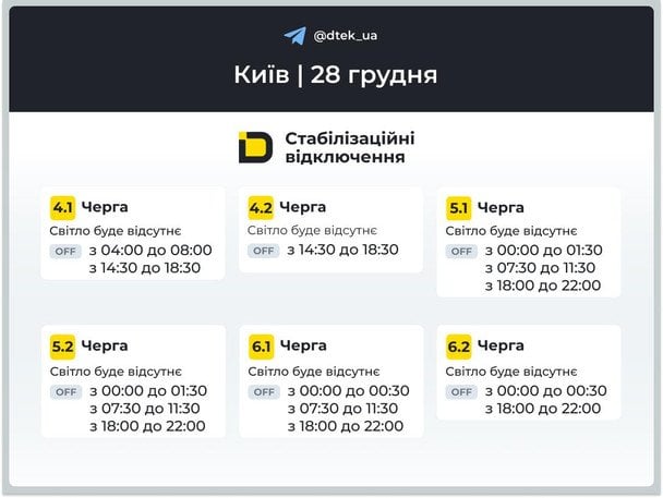 Графік відключення світла у столиці 28 грудня / © ДТЕК