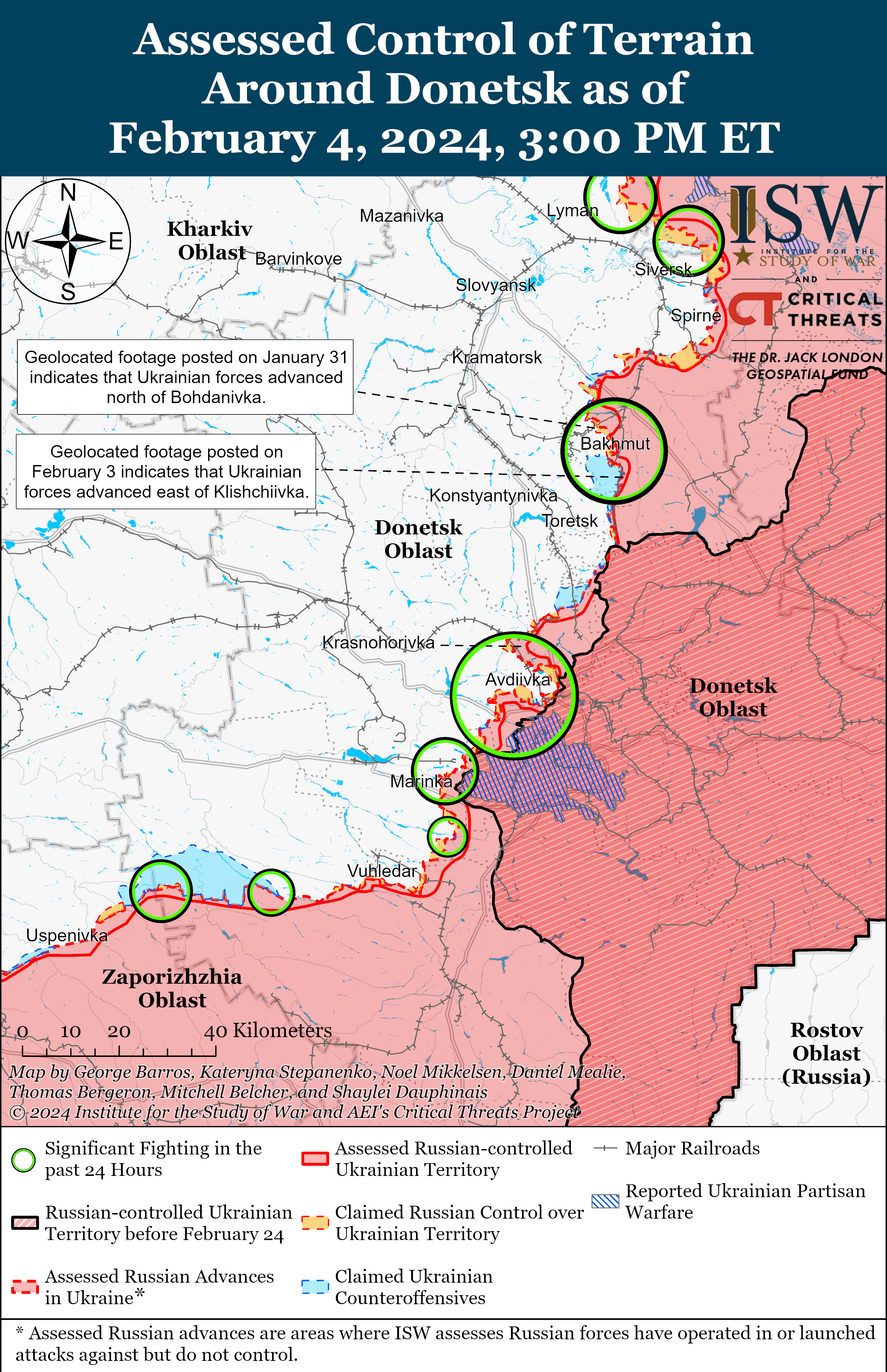 Мапа бойових дій на сході 5 лютого 2024. ФОТО: ISW / © 