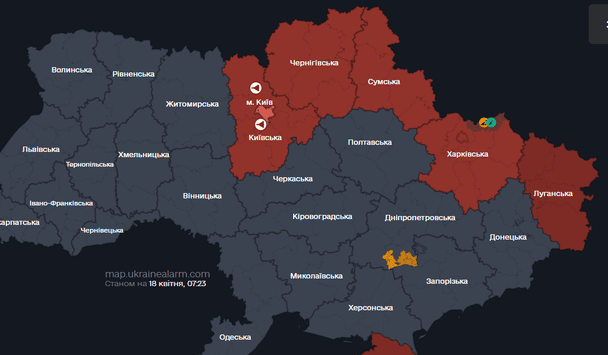 Мапа тривог станом на 18 квітня. 