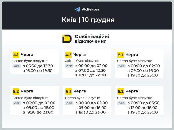 График отключения света в столице 10 декабря / © ДТЕК