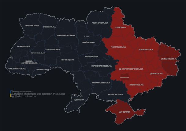 Актуальная карта воздушных тревог на 13:15 субботы, 1 июня.
