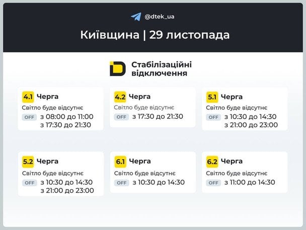 График отключения света на Киевщине 29 ноября / © ДТЕК